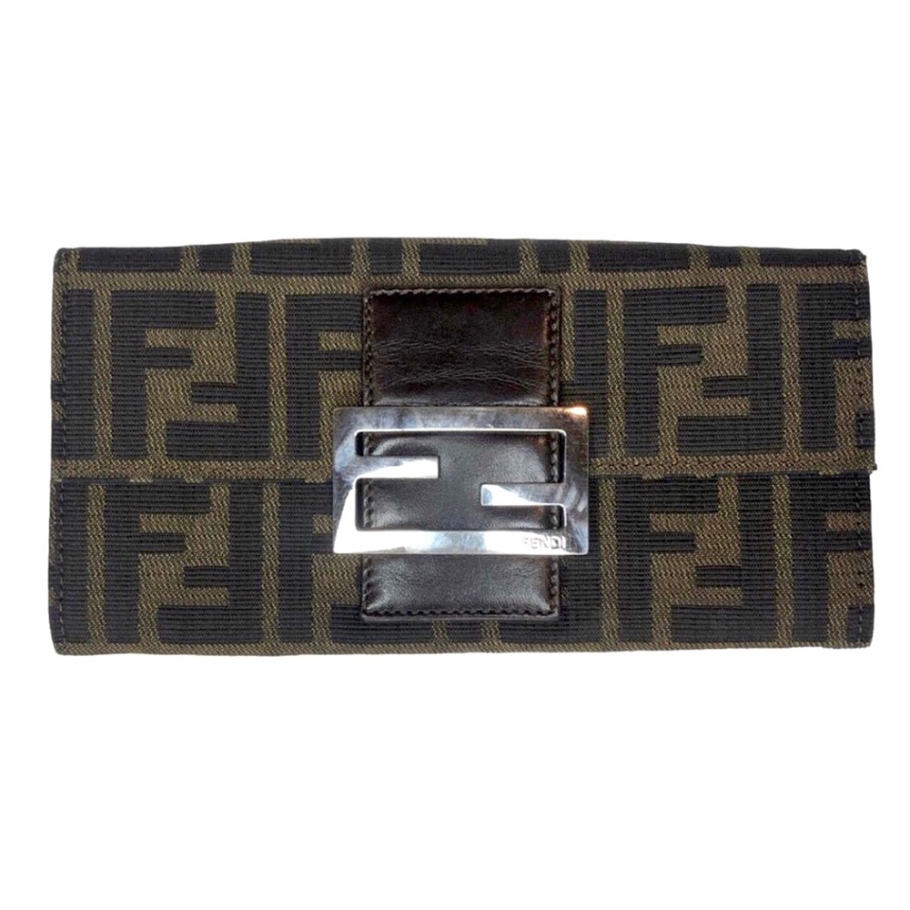 FENDI Zucca Silver Buckle Bifold Long Vintage Wallet w Coin Section